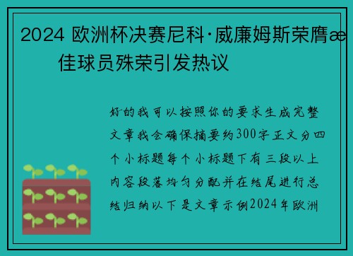 2024 欧洲杯决赛尼科·威廉姆斯荣膺最佳球员殊荣引发热议