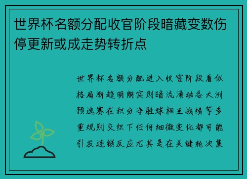 世界杯名额分配收官阶段暗藏变数伤停更新或成走势转折点 世界杯名额分配收官阶段暗藏变数伤停更新或成走势转折点