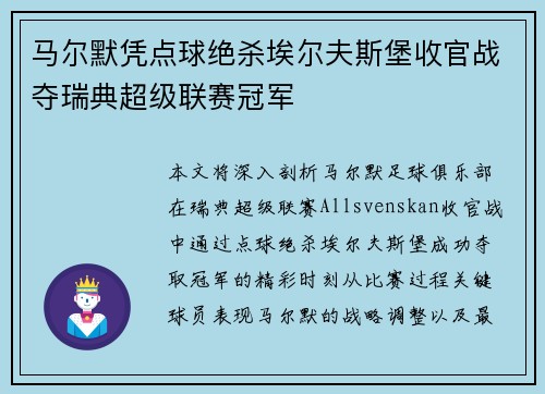 马尔默凭点球绝杀埃尔夫斯堡收官战夺瑞典超级联赛冠军 马尔默凭点球绝杀埃尔夫斯堡收官战夺瑞典超级联赛冠军